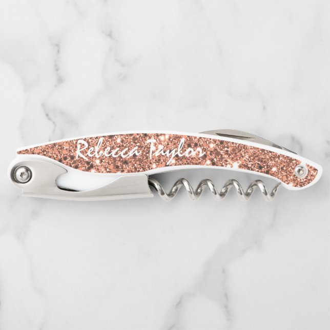 Modern Rose Gold Glitzer Monogramm Flasche Kellnermesser (Vorderseite)