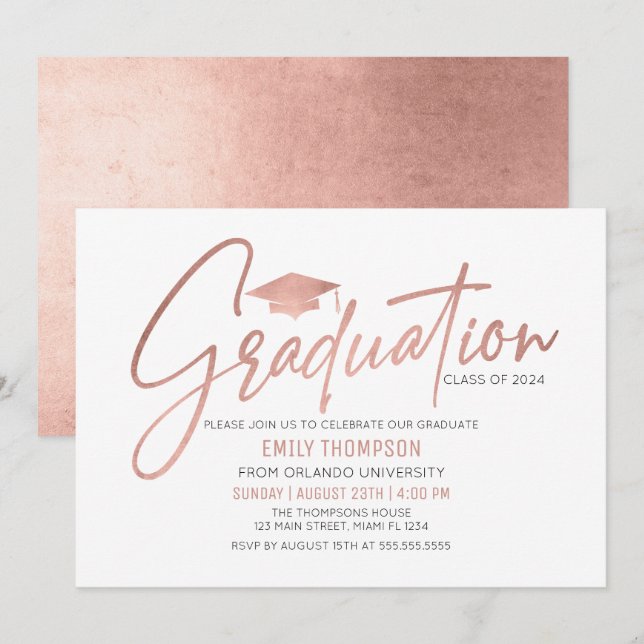 Modern Rose Gold  Graduation Invitation Einladung (Vorne/Hinten)