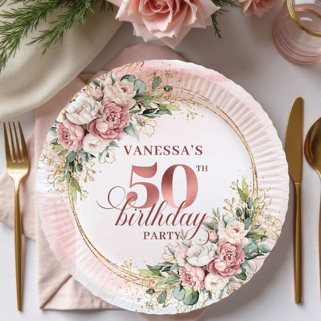 Modern Rose Gold Greenery 50th Birthday Glitter   Pappteller (Modern Rose Gold Greenery 50th Birthday Glitter Party Plates

)