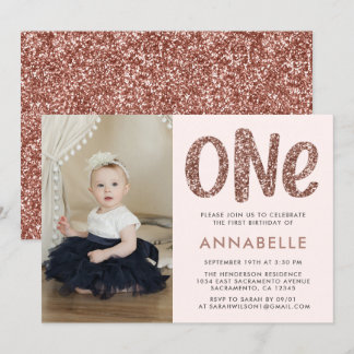 Modern Rose Gold Imitate Glitzer Erster Geburtstag Einladung