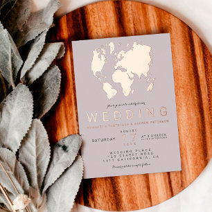 Modern rose gold lilac world map wedding photo folieneinladung