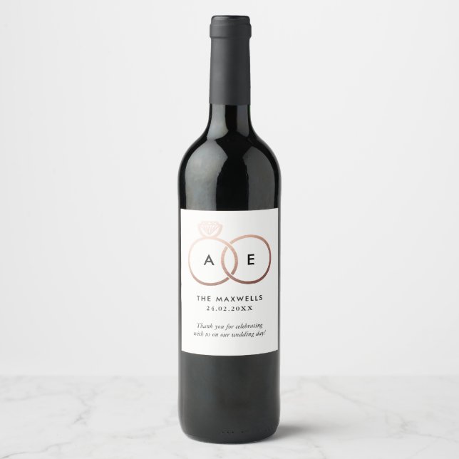 Modern Rose Gold Wedding Ring Monogram Wine Label Weinetikett (Vorderseite)