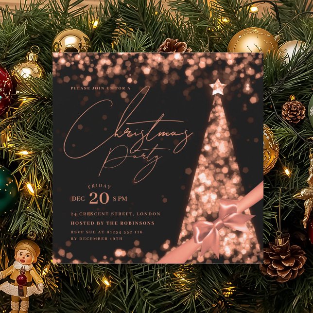 MODERN Rose Gold Winter Christmas Tree Bow Party  Einladung (MODERN Rose Gold Winter Christmas Tree Bow Party Invitation)