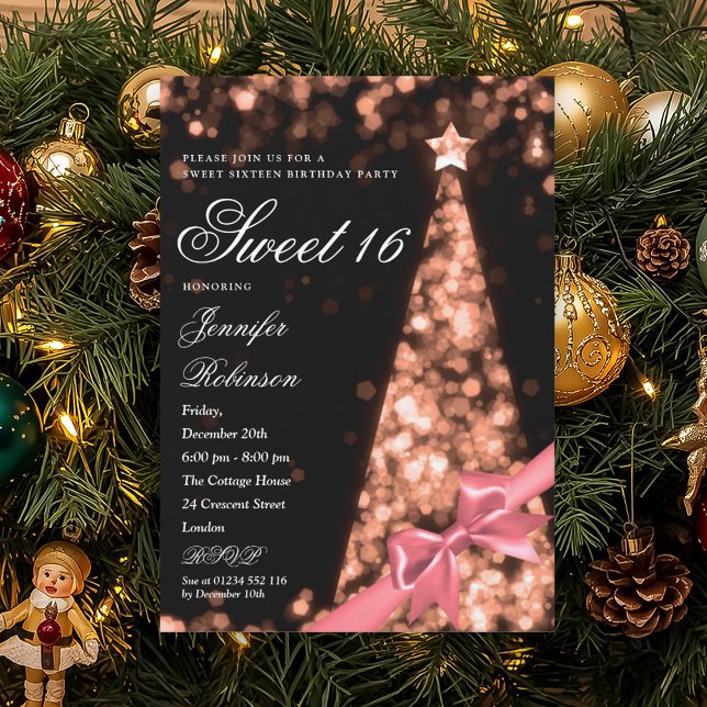 Modern Rose Gold Xmas Tree Bow Sweet 16 Birthday Einladung (Modern Rose Gold Xmas Tree Bow Sweet 16 Birthday Invitation)