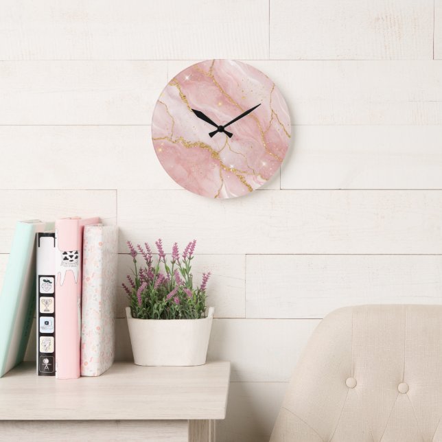 Modern Rose Quartz Marble Gold Große Wanduhr (Lesesaal)