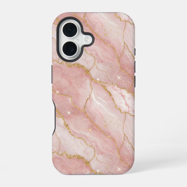 Modern Rose Quartz Marble Gold iPhone 16 Hülle (Rückseite)