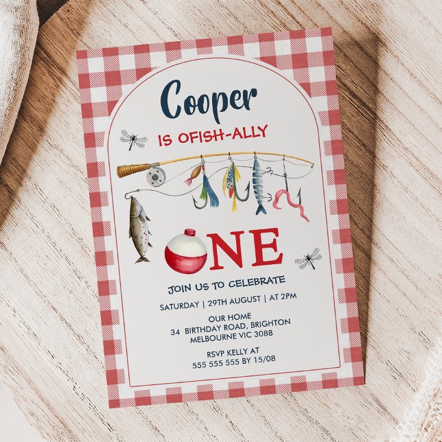 Modern Rot Gingham Ofishally ein 1. Geburtstag Einladung (Ofishally One Invitation Template, Ofishally One Invite, Boys Birthday Invitation Ofishally One
)