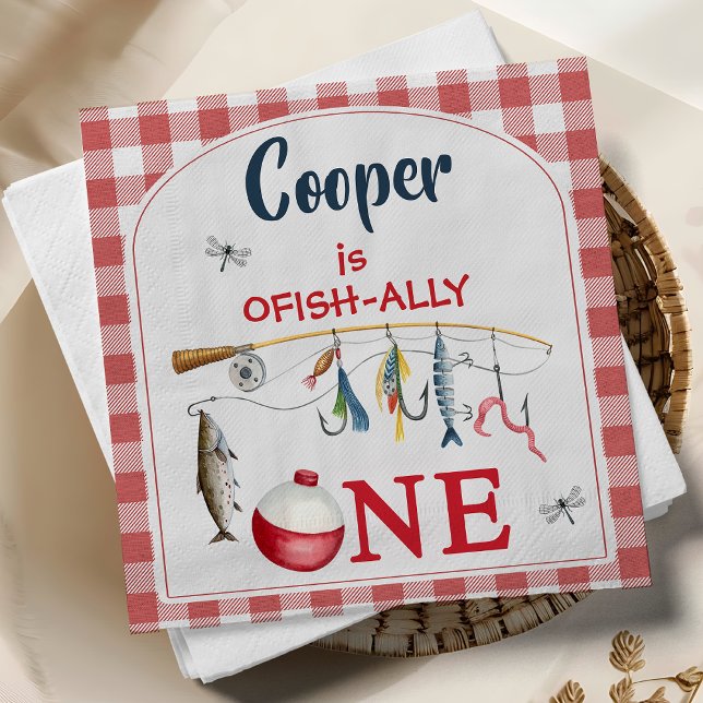 Modern Rot Gingham Ofishally One 1. Geburtstag  Serviette (Fishing themed O-fish-ally 1st birthday party Napkins,
Ofish-ally One 1st Birthday Paper Napkin,)