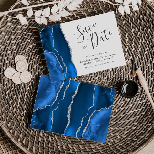 Modern Royal Blue Silver Agate Save the Date Card Einladung (Von Creator hochgeladen)