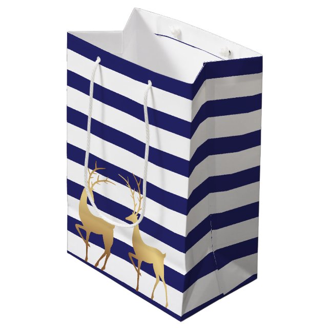 Modern Royal Blue Stripes Gold Deer Mittlere Geschenktüte (Vorderseite Schrägansicht)
