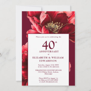Modern Ruby Red and Gold Floral 40 Jahre alt Einladung