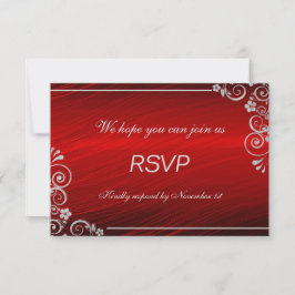 Modern Ruby Red Silver Grey Floral Wedding RSVP Karte