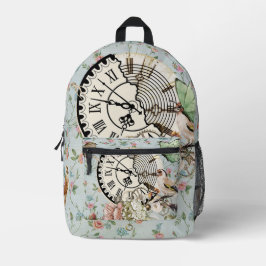 Modern rustic antique clock Blue floral pattern Bedruckter Rucksack