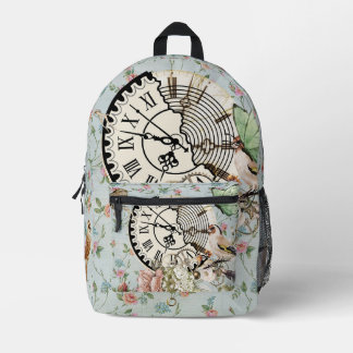 Modern rustic antique clock Blue floral pattern Bedruckter Rucksack