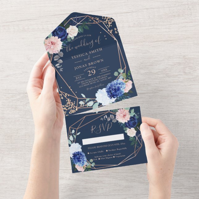 Modern Rustic Geometric Navy Blue Wedding Invitati All In One Einladung (Abreißen)