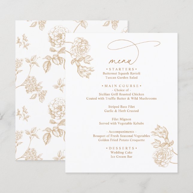 Modern Rustic Gold Floral Wedding Menus (Vorne/Hinten)