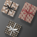 Modern Rustic Kraft Black White Red Christmas Gift Geschenkpapier Set<br><div class="desc">each of these 3 sheets of holiday gift wrap feature a different faux brown organic kraft paper texture print background,  one with stick figure pine trees and red & black buffalo plaid reindeer silhouettes,  one with black and white snowflakes,  and one with a black and natural plaid check pattern.</div>