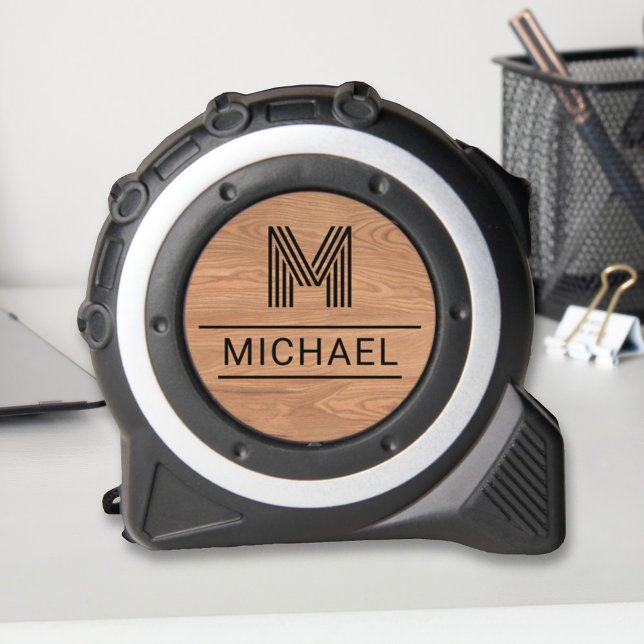 Modern Rustic Monogram Name Initial on Wood Grain Maßband (Von Creator hochgeladen)