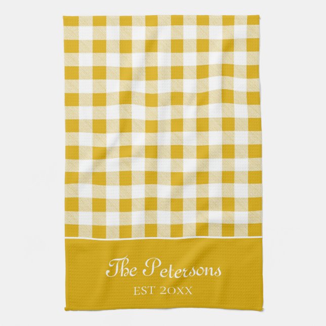 Modern Rustic Mustard Yellow Gingham Familienname Geschirrtuch (Vertikal)
