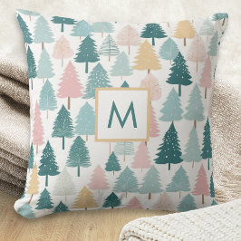 Modern Rustic Pine Forest Christmas Trees Monogram Kissen