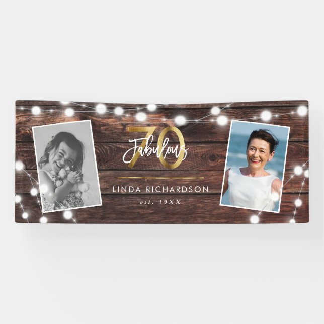 Modern Rustic String Lights Gold Fab 70. Geburtsta Banner (Horizontal)