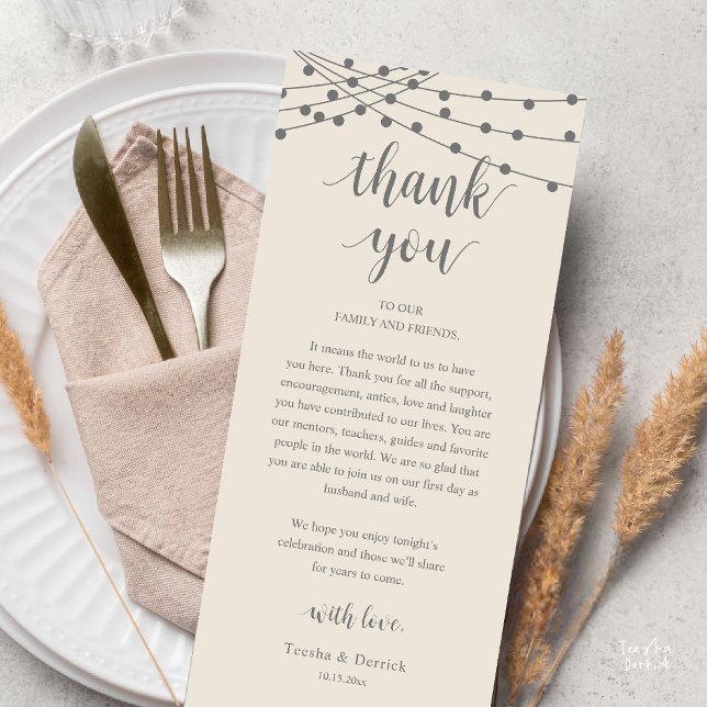 Modern Rustic Wedding Dinner Thank You Card Programm (Modern Rustic Wedding Dinner Thank You Card Reception Reception String Lights Cream Grey)