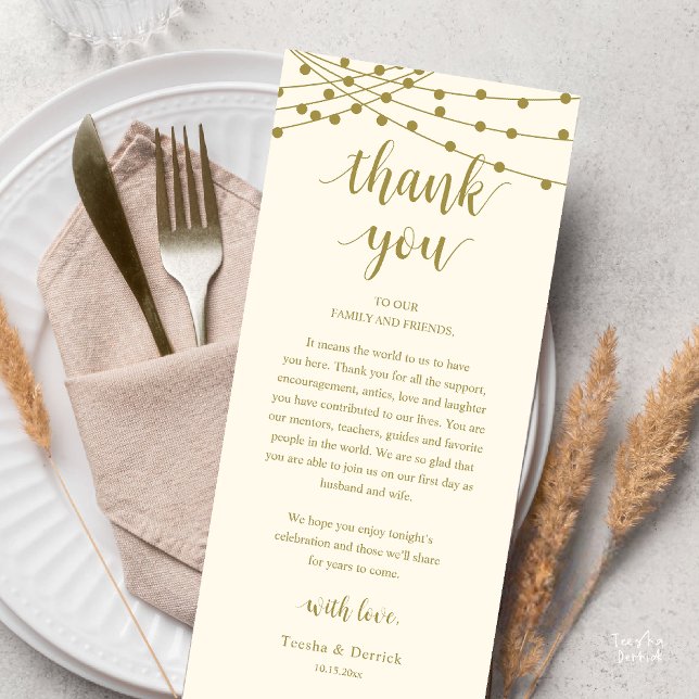 Modern Rustic Wedding Dinner Thank You Card Programm (Modern Rustic Wedding Dinner Thank You Card Reception Reception String Lights Yellow Gold)
