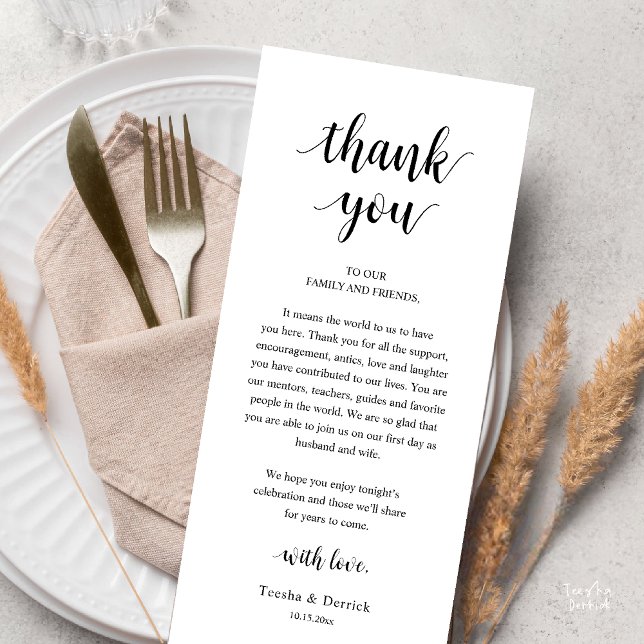 Modern Rustic Wedding Dinner Thank You Card Programm (Modern Rustic Wedding Dinner Thank You Card Reception Lunch Brunch Reception in Black and White)