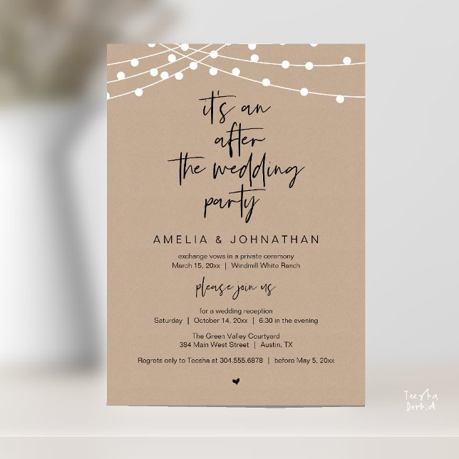 Modern Rustic Wedding Reception Brown Kraft Einladung (Modern Rustic Wedding Reception Brown Kraft, string lights, Invitation card pdf black script)