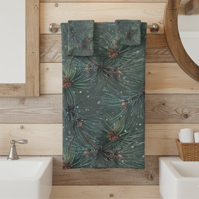 Modern Rustic Winter Pine Pattern Badhandtuch Set (Von Creator hochgeladen)