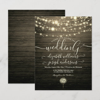 Modern Rustic Wood & White Lights String wedding Einladung