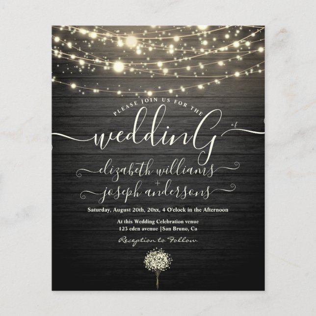 Modern Rustic Wood & White Lights String wedding Flyer (Vorne)
