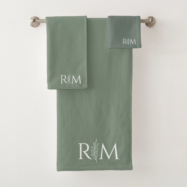 Modern Sage Botanical Monogram Initials Badhandtuch Set (Insitu)