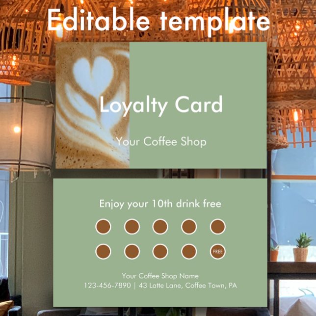 Modern Sage Custom Photo Coffee House Customer Treuekarte (Modern sage green custom loyalty card. Personalize the editable text.
)