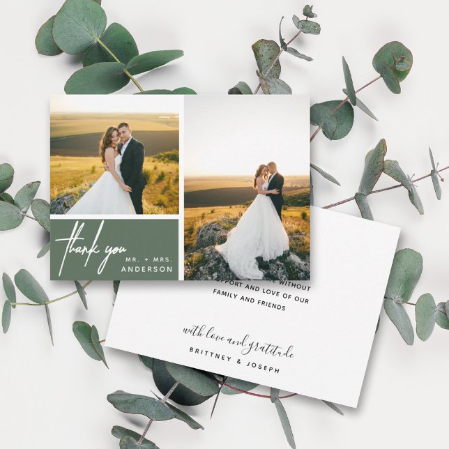 Modern Sage Foto Collage Vielen Dank (Two photo hand lettered thank you wedding card with a minimalistic design perfect for any couple.)