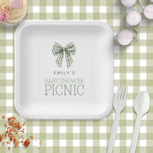 Modern Sage Gingham Bow Name Baby Shower Picnic Pappteller (Von Creator hochgeladen)