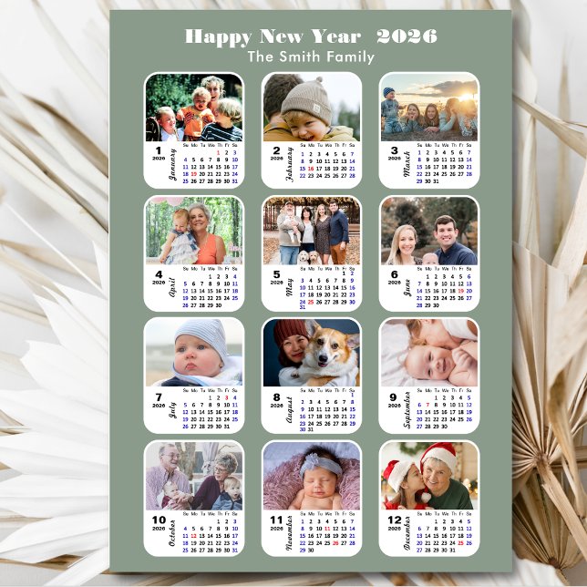 Modern Sage Green 2026 Kalender 12 Foto Magnetic Magnetkarte (Von Creator hochgeladen)