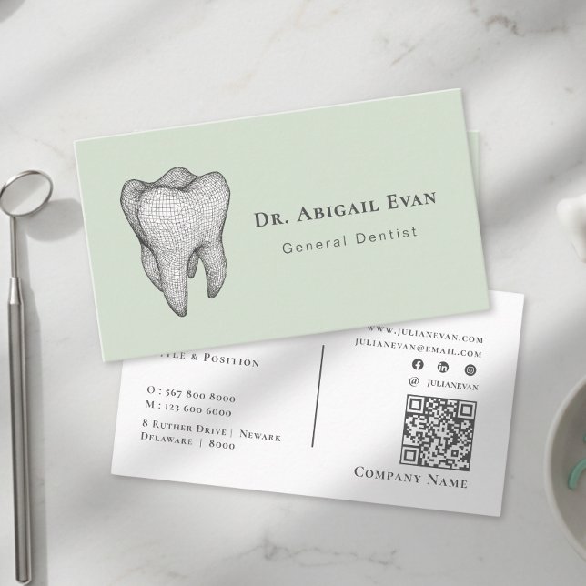 Modern Sage Green 3D Tooth Icon Dental Clinic Visitenkarte (Modern Sage Green 3D Tooth Icon Dental Clinic Business Card)