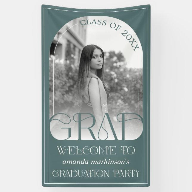 Modern Sage Green Arch Photo Graduation Welcome  Banner (Vertikal)