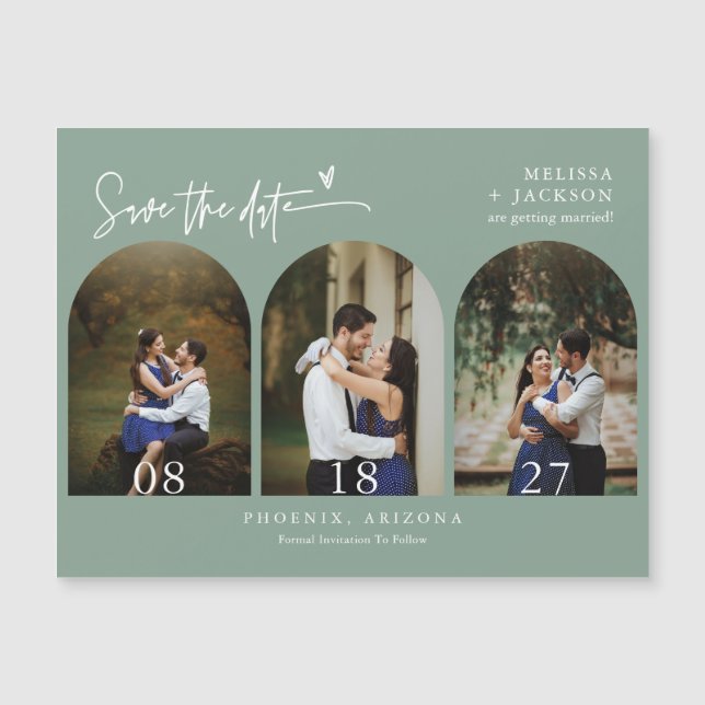 Modern Sage Green Boho Save the Date Arch Foto Magnetkarte (Vorderseite)