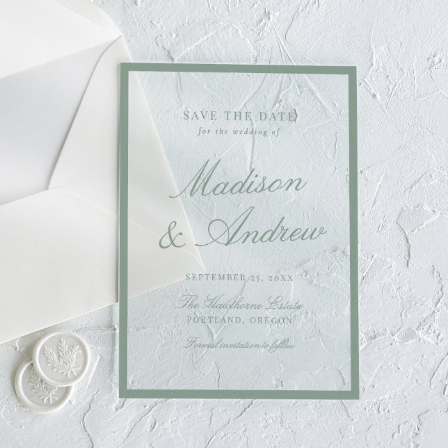 Modern Sage Green Border Wedding Save the Date Acryleinladungen (Von Creator hochgeladen)
