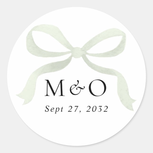 Modern Sage Green Bow Watercolor Monogram Wedding Runder Aufkleber (Vorderseite)