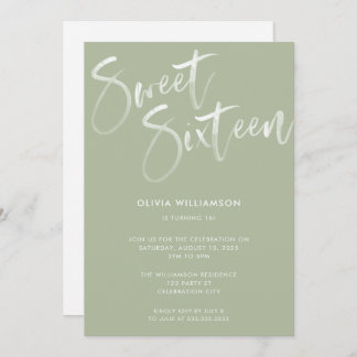 Modern Sage Green Brush Script Sweet 16 Geburtstag Einladung