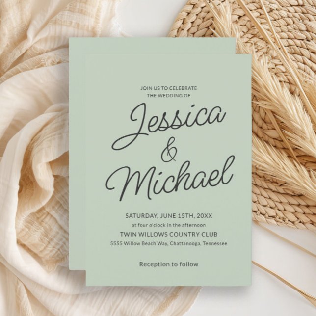 Modern Sage Green Charcoal Script Hochzeit Einladung (Mint green wedding invitation)