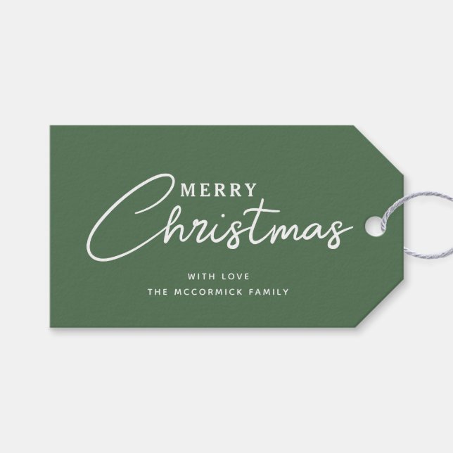 Modern Sage Green Christmas Script Personalisiert Geschenkanhänger (Vorderseite (Horizontal))