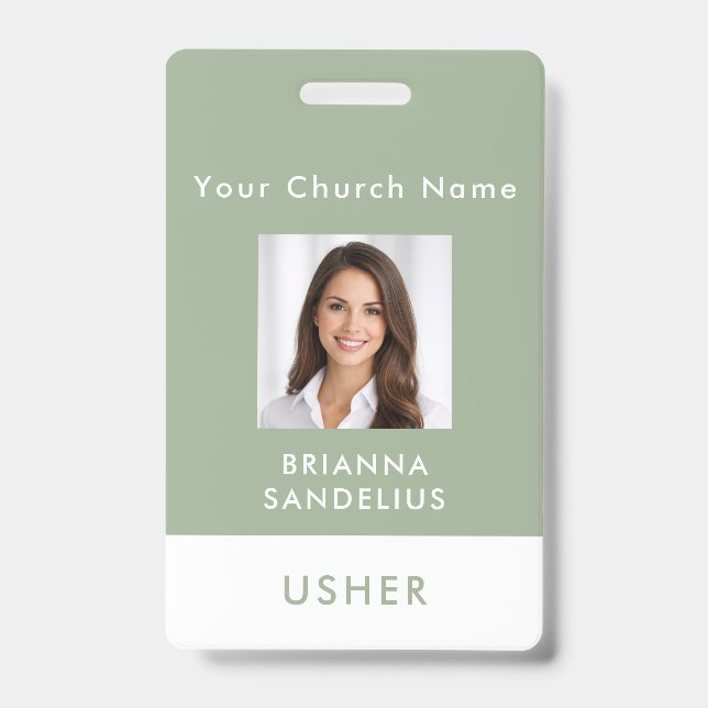 Modern Sage Green Church Usher Photo ID Ausweis (Vorderseite)