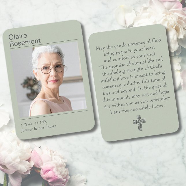 Modern Sage Green Cross Funeral Prayer Card Visitenkarte (Modern Sage Green Cross Funeral Prayer Card
)