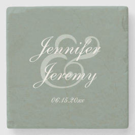 Modern Sage Green Elegante White Script Hochzeit Steinuntersetzer