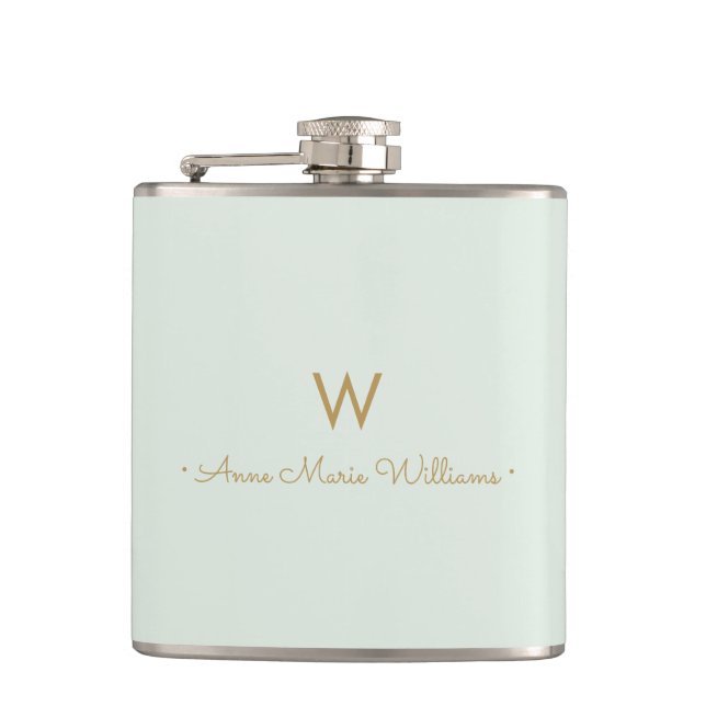 Modern Sage Green Gold Script Monogram Flachmann (Vorderseite)