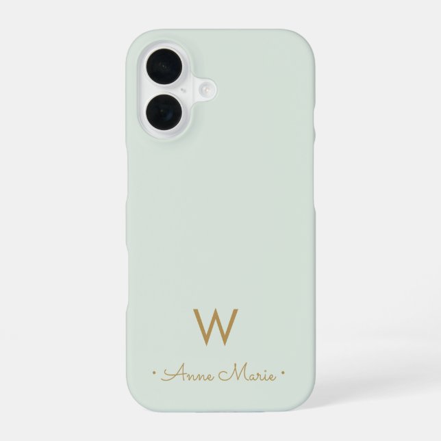 Modern Sage Green Gold Script Monogram iPhone 16 Hülle (Rückseite)